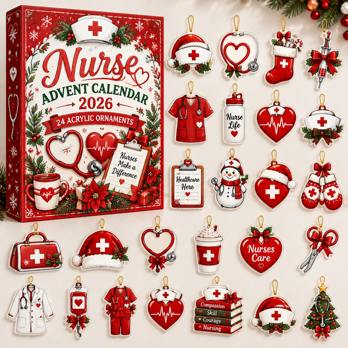 Red And White Christmas Nurse Advent Calendar HG , Acrylic Ornament Countdown Blind Box Gift