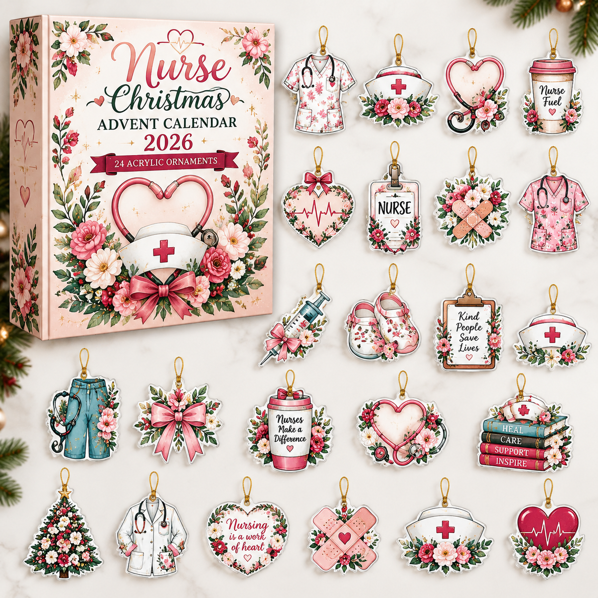 Elegant Floral Nurse Advent Calendar HG , Acrylic Ornament Countdown Blind Box Holiday Gift