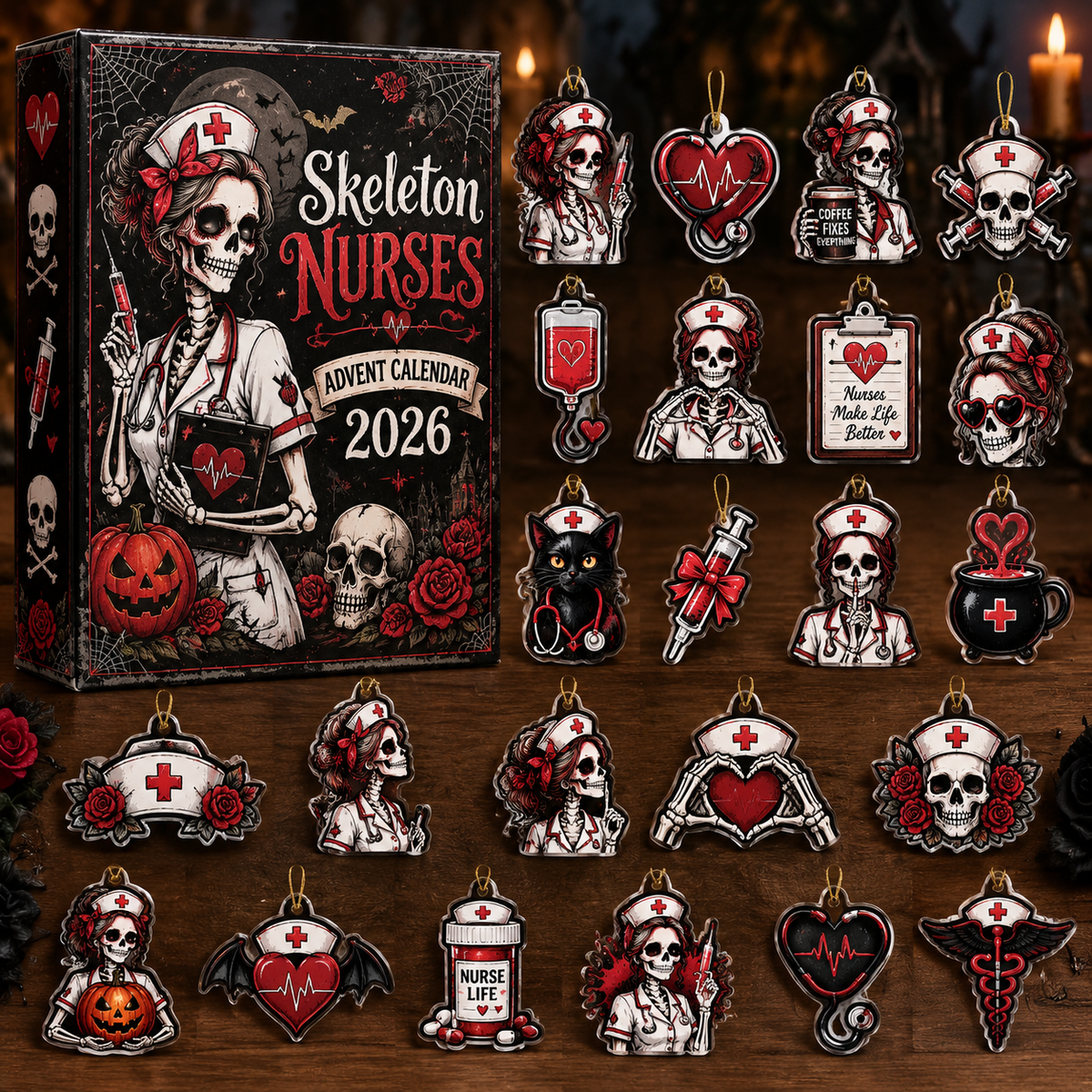 Skeleton Nurses And Dark Gothic Halloween Advent Calendar HG , Acrylic Ornament Countdown Blind Box Gift