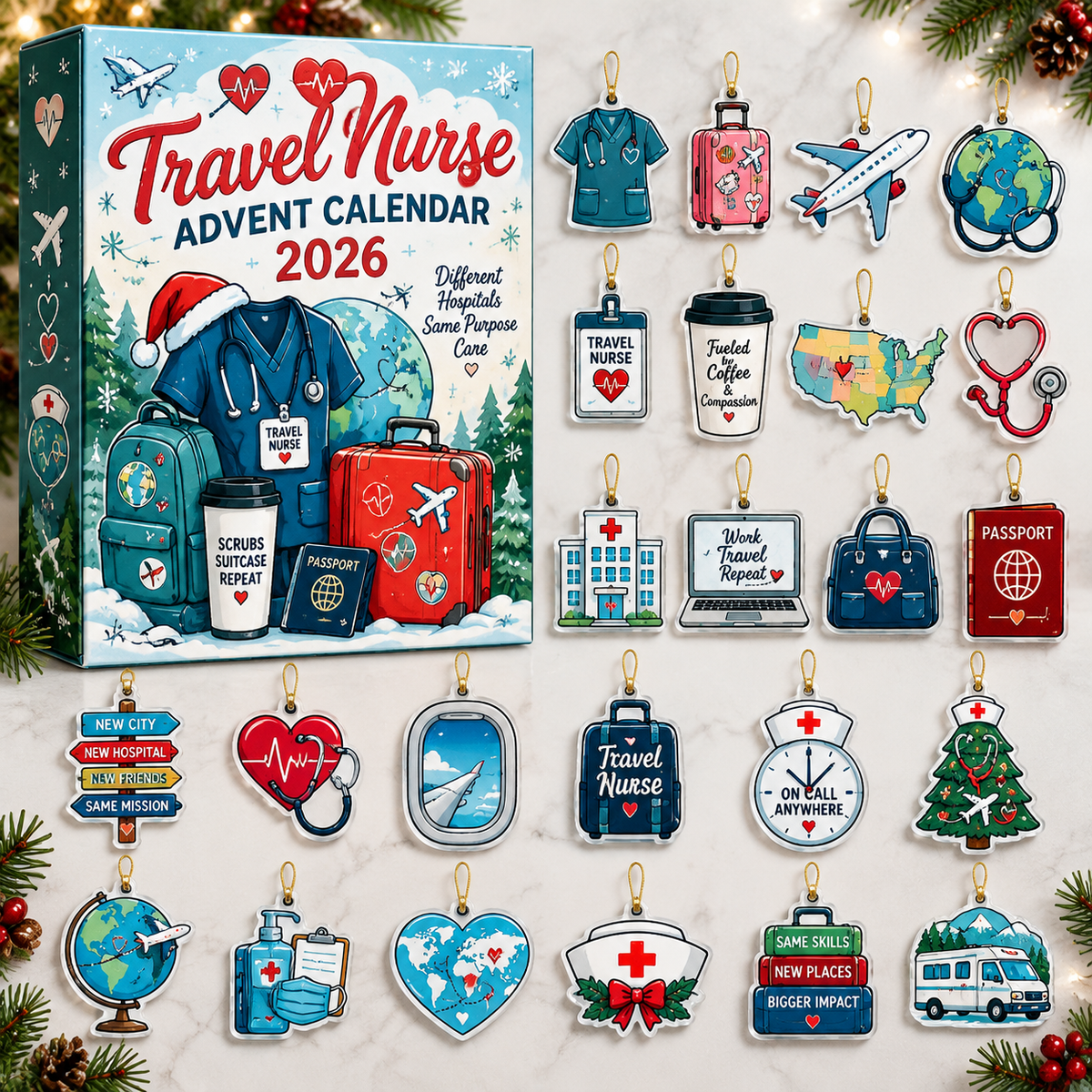 Travel Nurse Advent Calendar HG , Acrylic Ornament Countdown Blind Box Holiday Gift
