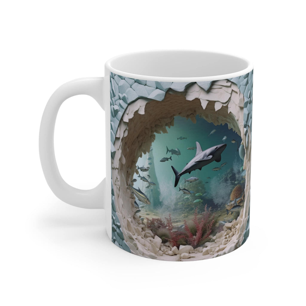 3D Image Sharks In the Ocean Coffee Mug, 3D White Shark Crack Hole 11oz/15oz Coffee Mug, 3D Mug LTN
