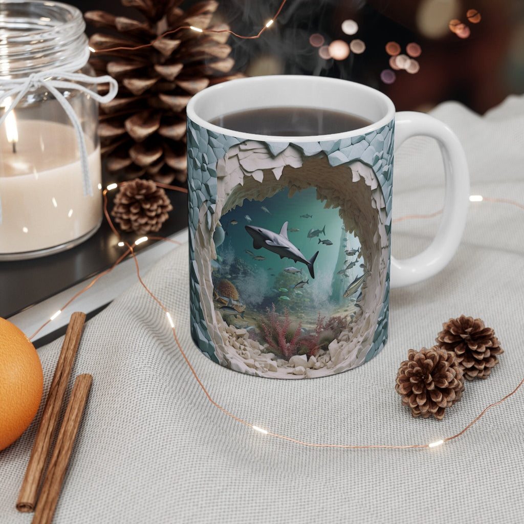 3D Image Sharks In the Ocean Coffee Mug, 3D White Shark Crack Hole 11oz/15oz Coffee Mug, 3D Mug LTN
