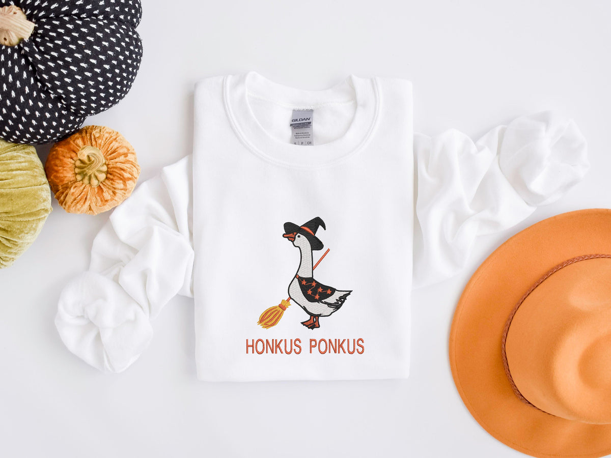 Embroidered Goose Honkus Ponkus Sweatshirt, KMH Embroidered Witch Goose Halloween Shirt, Witch Goose Sweatshirt, Silly Goose Tee, Honkus Ponkus