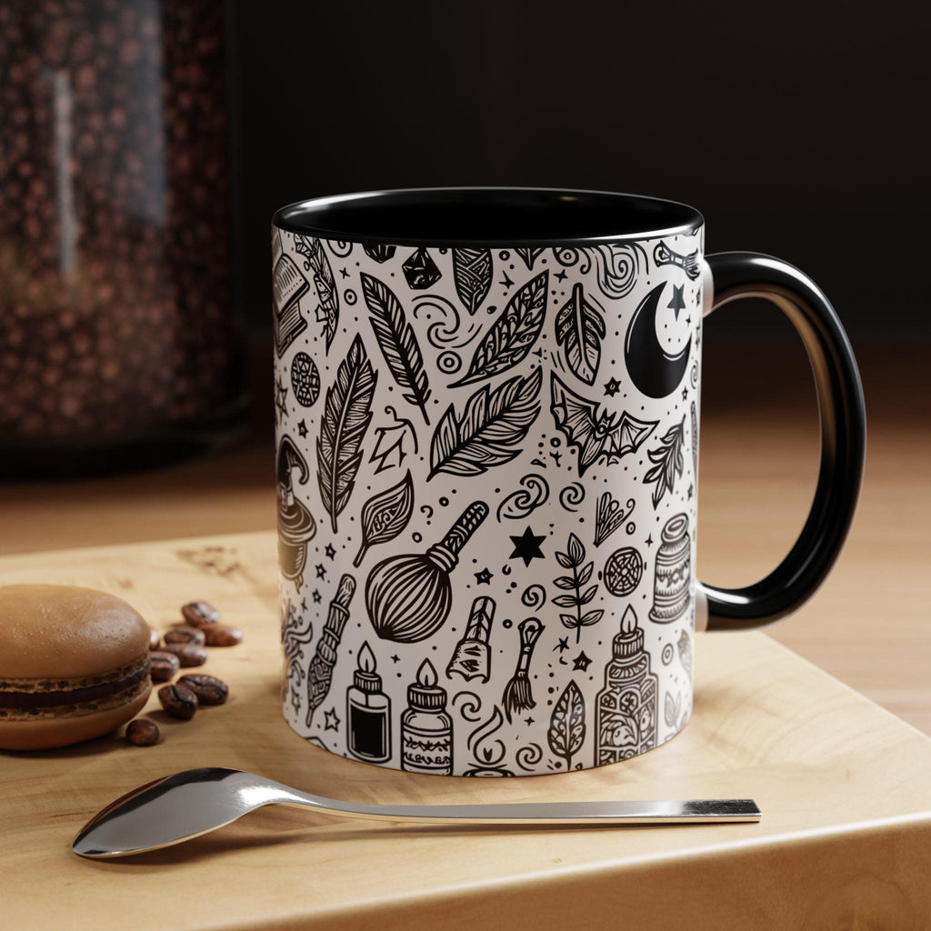 Mystical Themed Accent Coffee Mug, Witchy Mug, Black and White Design, Ideal Gift for Witches, Halloween Decor, Cozy Vibes, Coffee Lovers LTN
