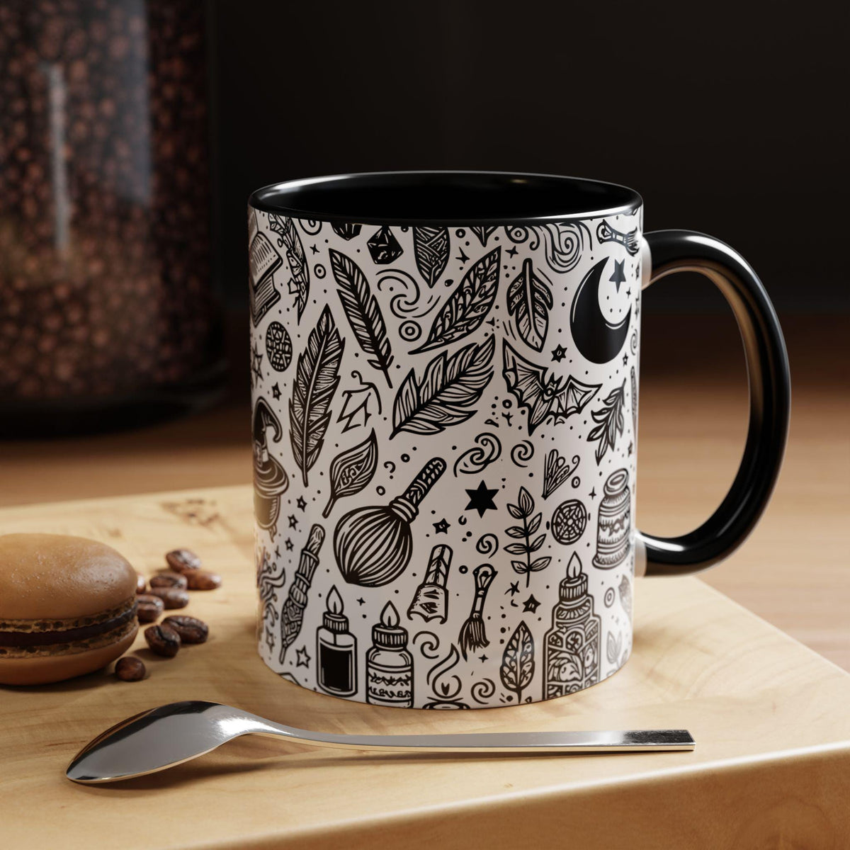 Mystical Themed Accent Coffee Mug, Witchy Mug, Black and White Design, Ideal Gift for Witches, Halloween Decor, Cozy Vibes, Coffee Lovers LTN