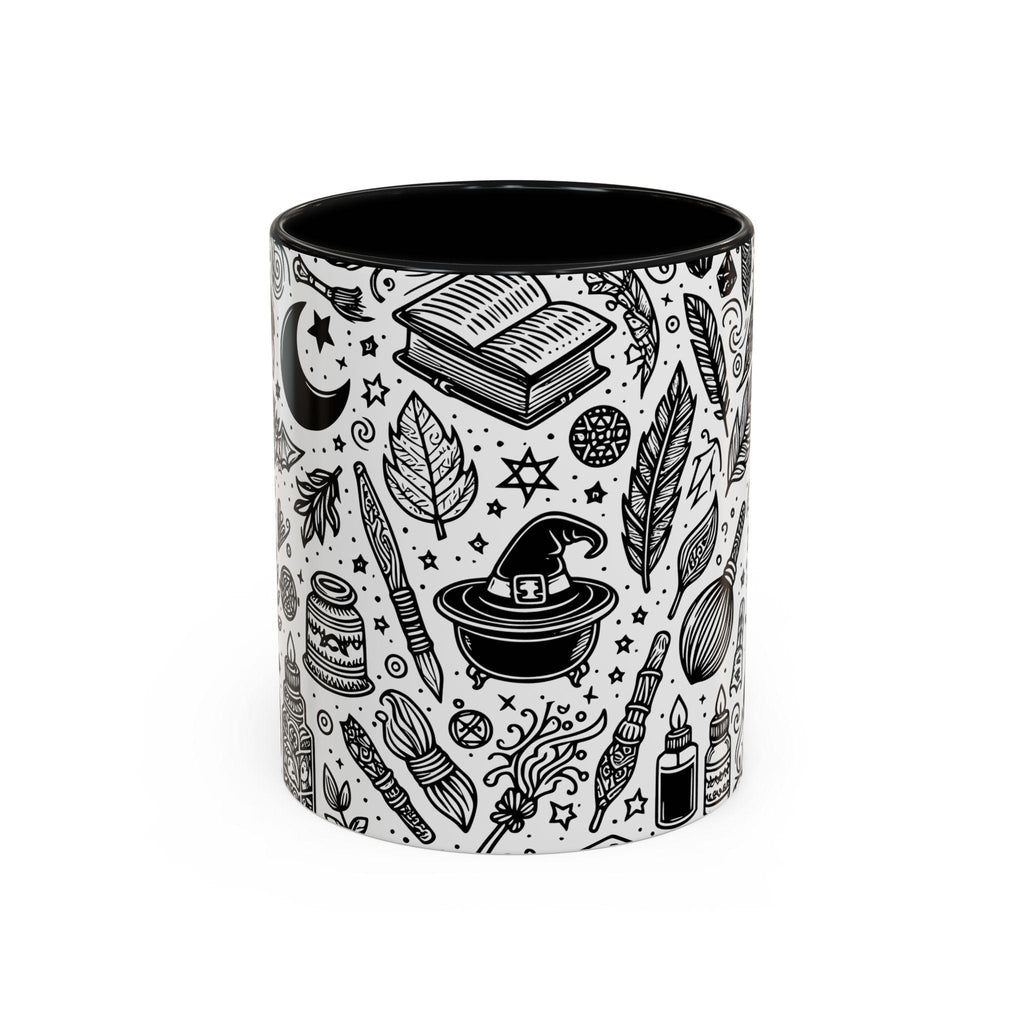 Mystical Themed Accent Coffee Mug, Witchy Mug, Black and White Design, Ideal Gift for Witches, Halloween Decor, Cozy Vibes, Coffee Lovers LTN