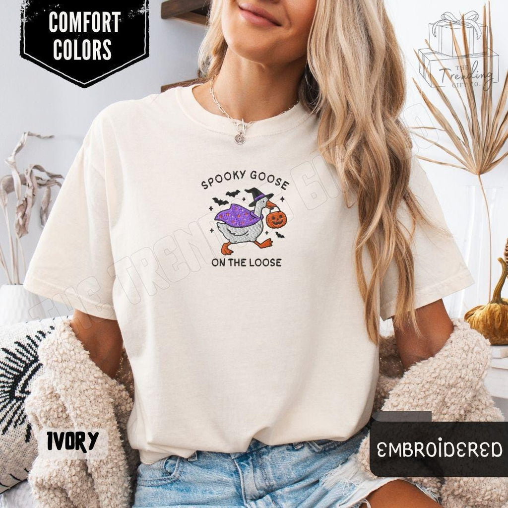 Embroidered Spooky Goose Shirt NNA, Halloween TShirt, Witchy Silly Goose Lover Tee, Girly Halloween Gift, Trick or Treat Outfit