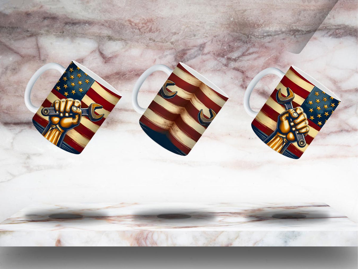 Labor Day Patriotic Mug – 11 oz and 15 oz Sublimation Design with Wrench & Flag LTN