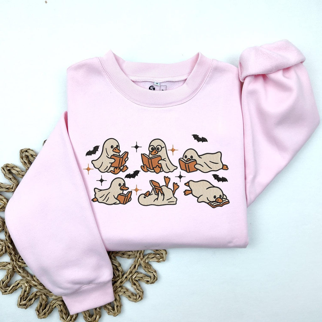 Cute Ghost Goose Reading Book Sweatshirt, KMH Embroidered Halloween Sweatshirt, Fall Spooky Season Sweatshirt, Book Lover Gift, Cozy Ghost Gift