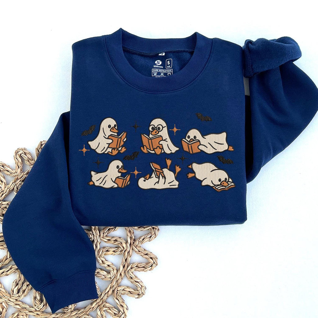 Cute Ghost Goose Reading Book Sweatshirt, KMH Embroidered Halloween Sweatshirt, Fall Spooky Season Sweatshirt, Book Lover Gift, Cozy Ghost Gift