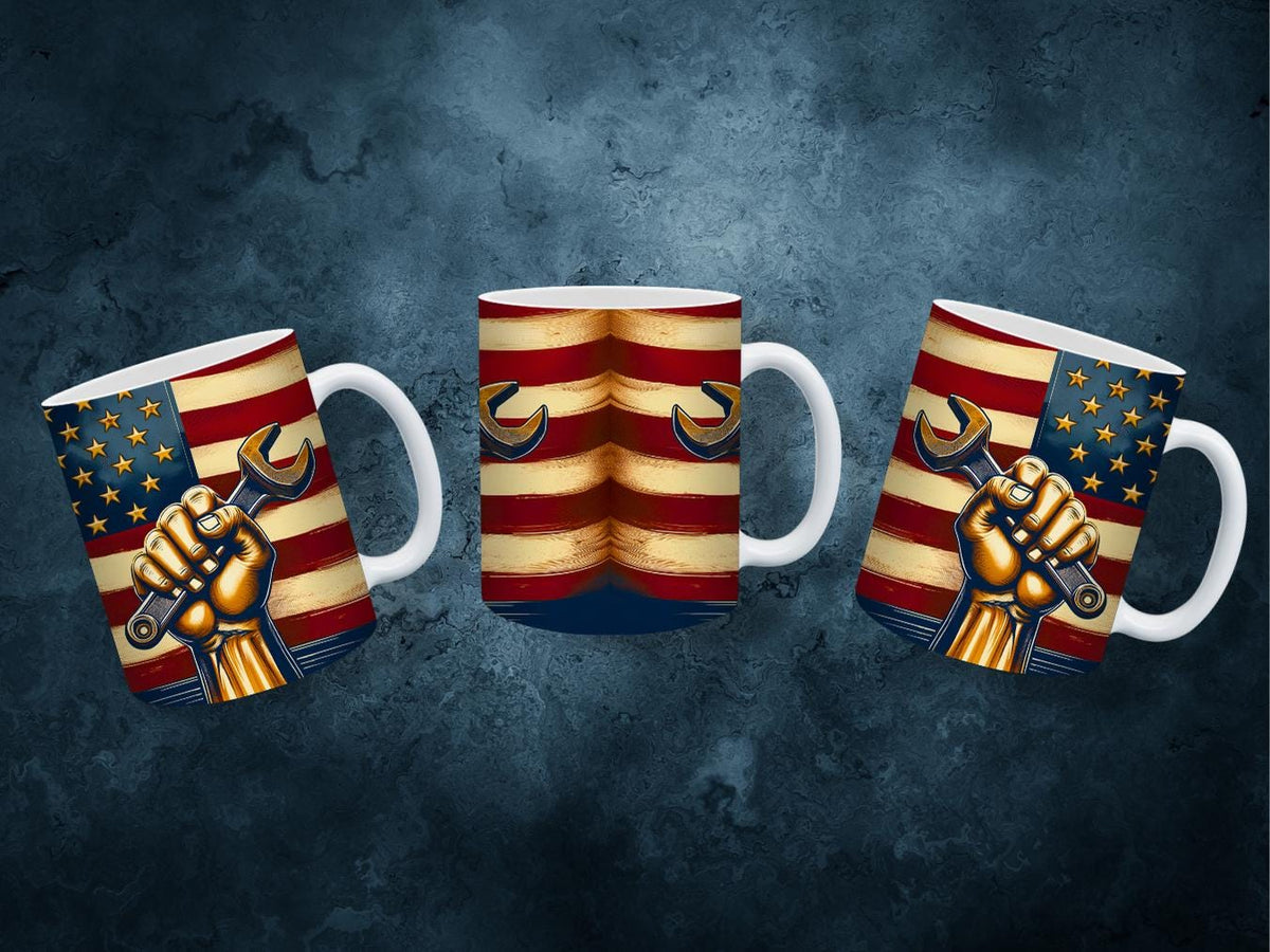 Labor Day Patriotic Mug – 11 oz and 15 oz Sublimation Design with Wrench & Flag LTN