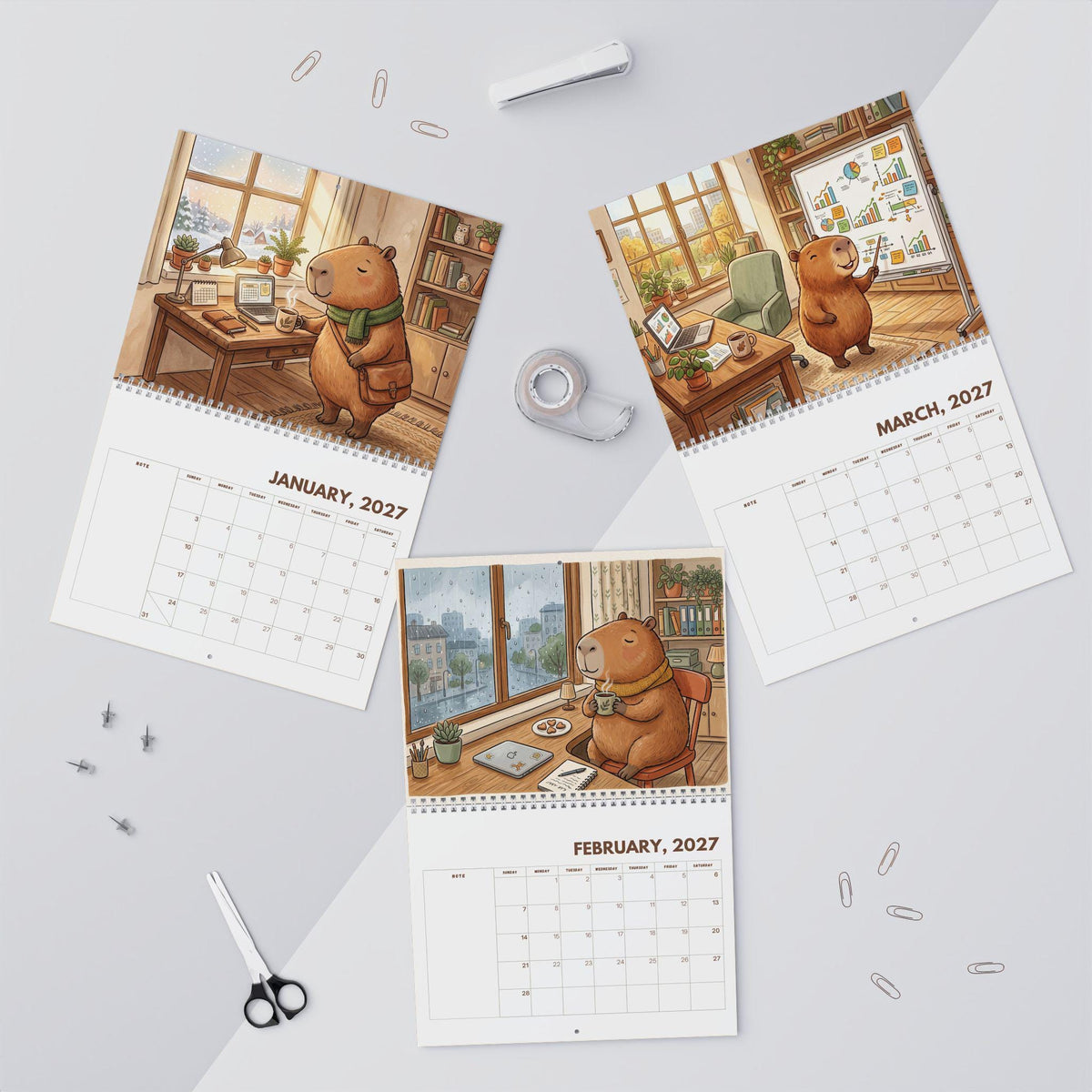 Office Capybara 2027 Wall Calendar, Funny Office Calendar, Cute Capybara Gift, Work Desk Decor, Coworker Gift, Office Humor
