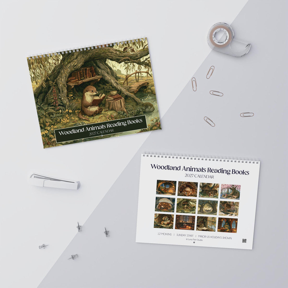 2027 Wall Calendar Woodland Animals Reading Books 12 Month Cozy Cottagecore Forest Library Bookish Art Book Lover Gift