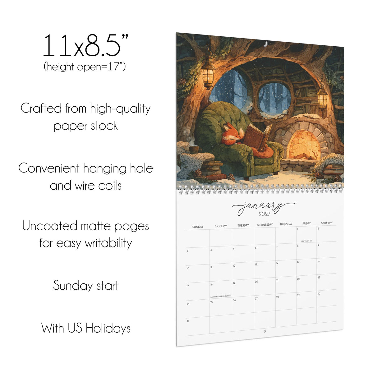 2027 Wall Calendar Woodland Animals Reading Books 12 Month Cozy Cottagecore Forest Library Bookish Art Book Lover Gift