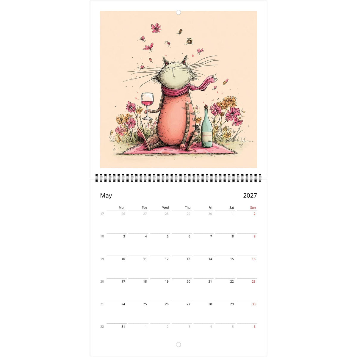 Funny Cats and Wine 2027 Wall Calendar - Cute Cat Lover Gift - Humorous Kitty Decor - 2027 Calendar - Unique Gift for Her
