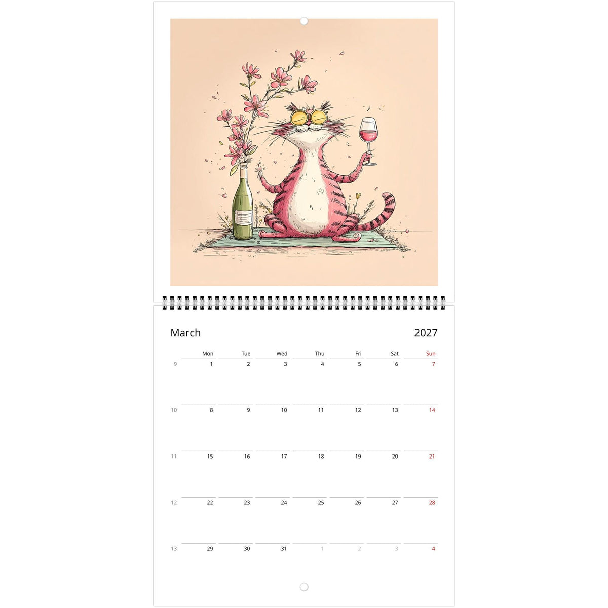 Funny Cats and Wine 2027 Wall Calendar - Cute Cat Lover Gift - Humorous Kitty Decor - 2027 Calendar - Unique Gift for Her