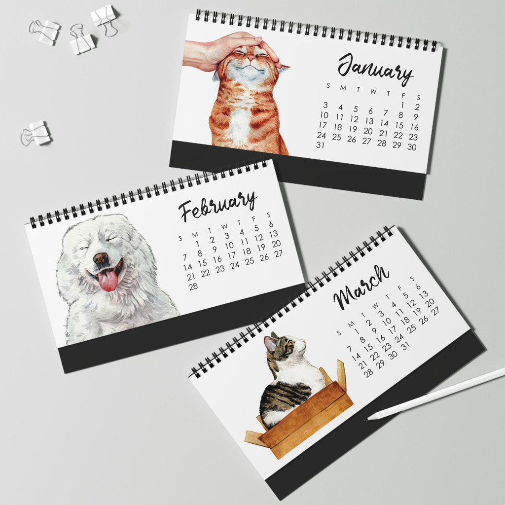 2027 Watercolor Cats & Dogs Desk Calendar | Monthly Pet Desktop Calendar