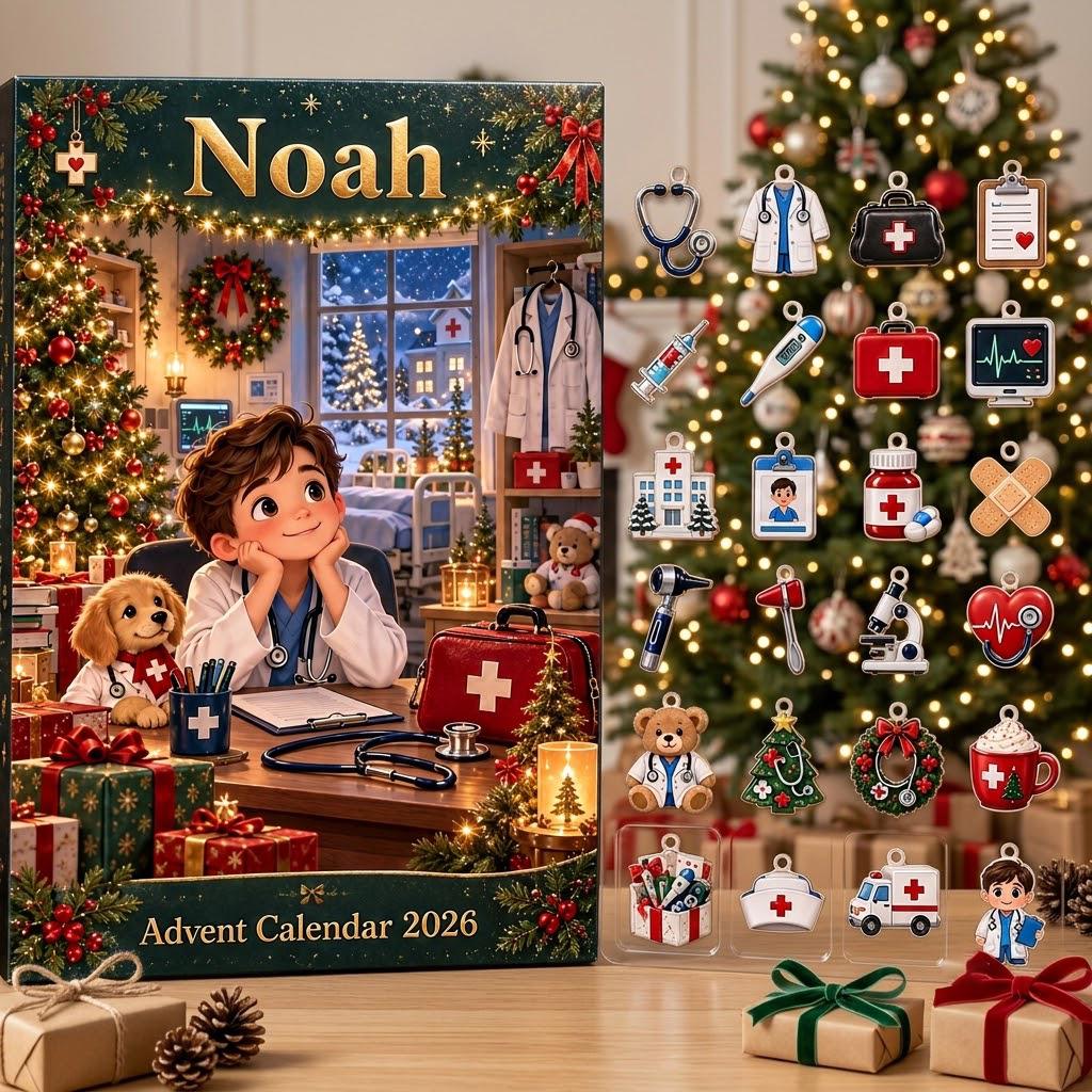 Personalized Doctor Advent Calendar HG, 24 Medical Christmas Charms, Custom Name Future Doctor Gift, Holiday Countdown Box