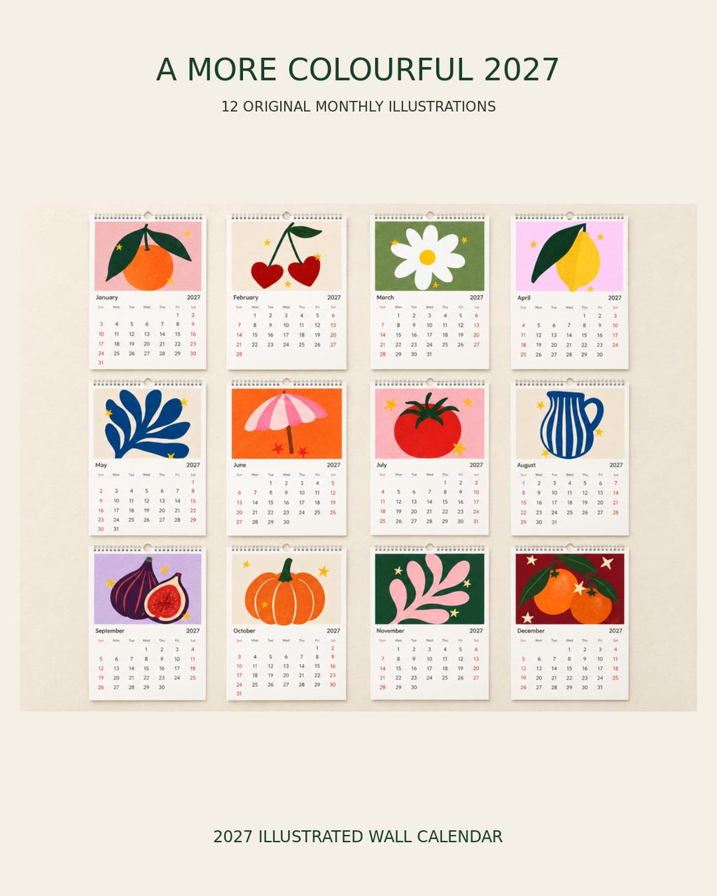 2027 Wall Calendar | Colourful Illustrated Calendar | Modern Art Calendar | Kitchen & Home Office Decor | Gift for Art Lovers