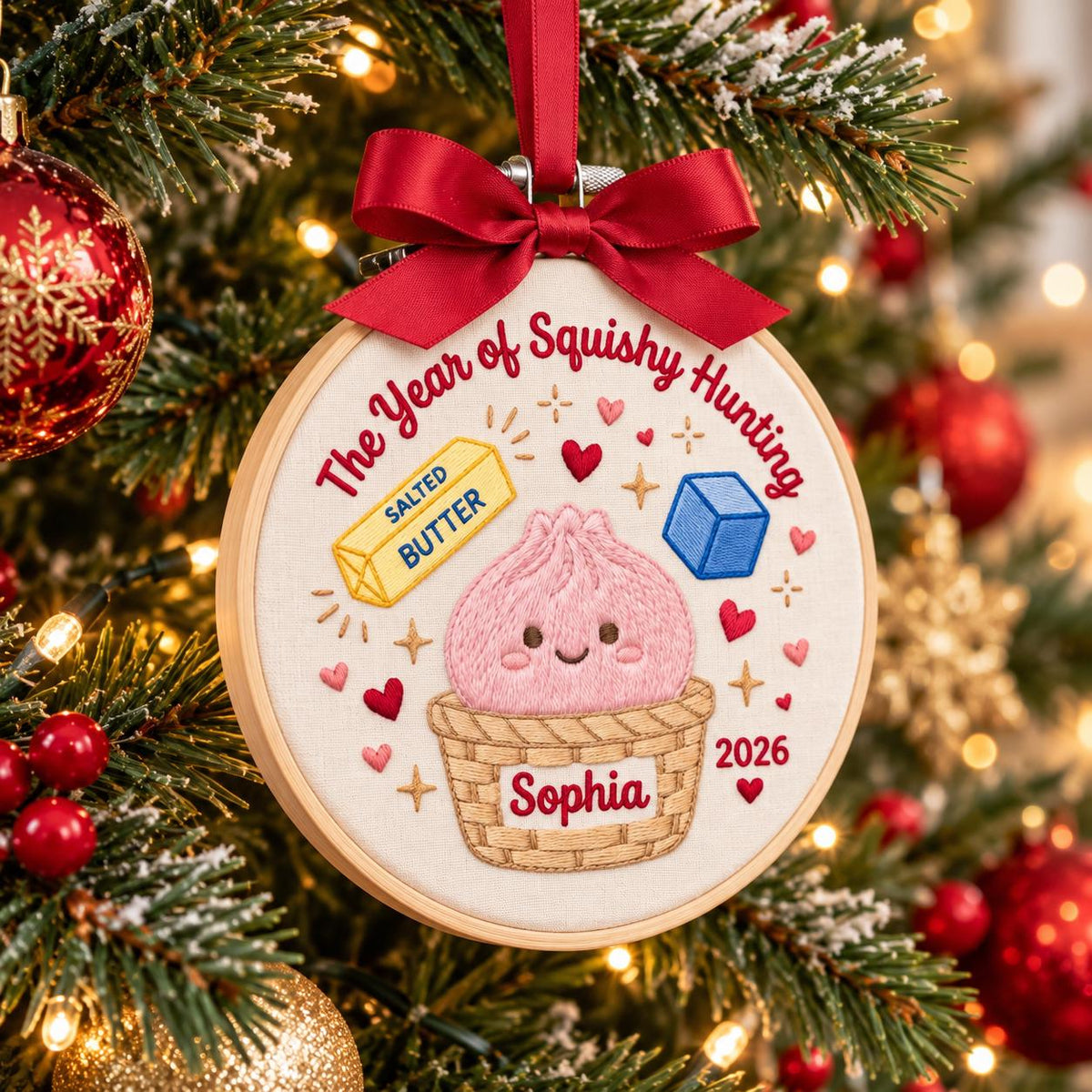The Year of Squishy Hunting Ornament, Personalized Embroidered Christmas Hoop, Custom Name 2026 Keepsake, Cute Holiday Decor