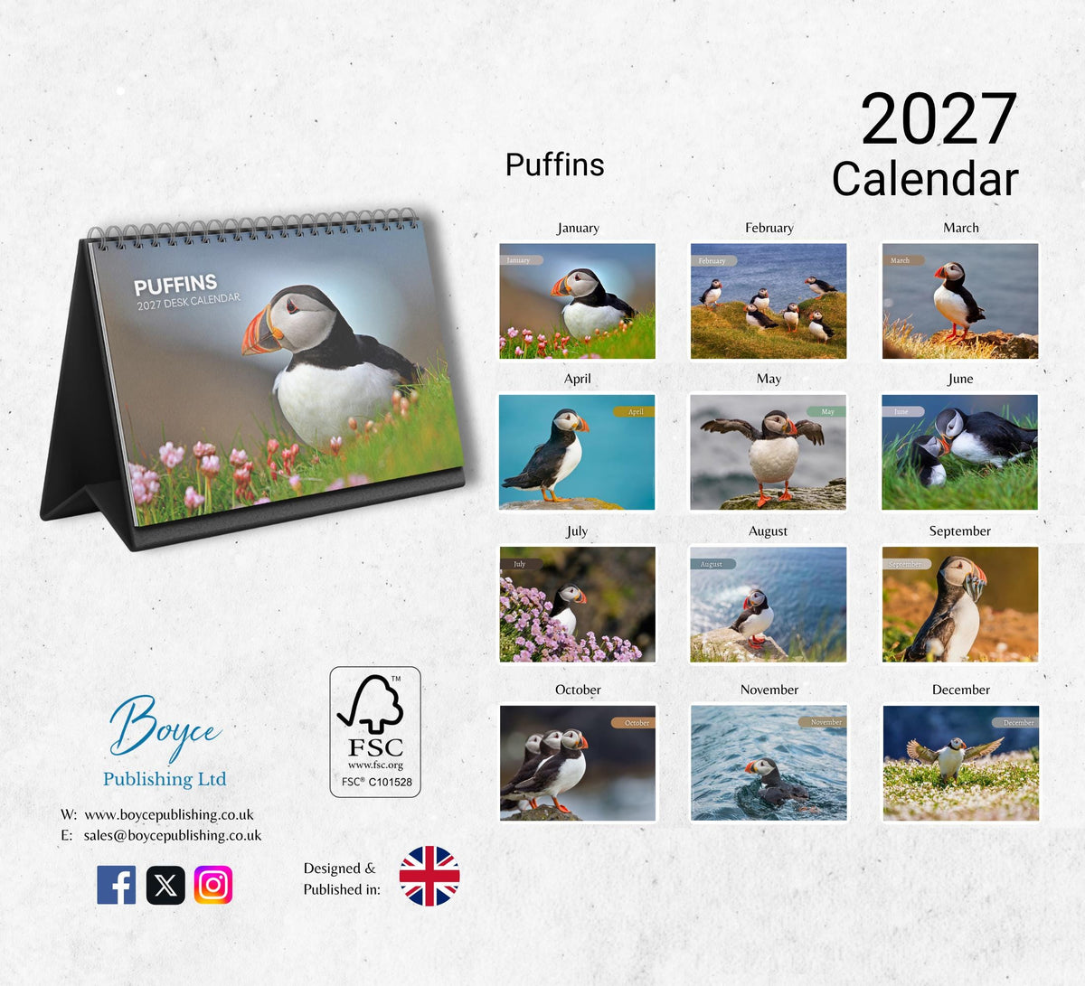 Puffins Desk Calendar 2027-2028: Standing Flip Desktop Calendar with Thick Paper (15.25cm x 22cm - similar to A5)