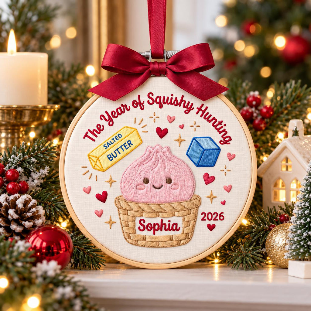 The Year of Squishy Hunting Ornament, Personalized Embroidered Christmas Hoop, Custom Name 2026 Keepsake, Cute Holiday Decor